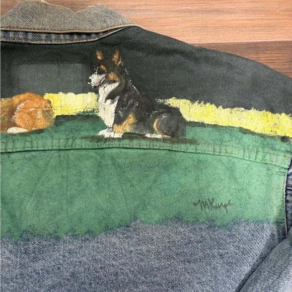 Vintage Denim Jean Jacket with One of a Kind Corgi Mural Masterpiece! - Picture 8 of 11
